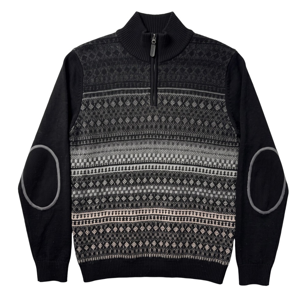 Kuna 100% Baby Alpaca Quarter Zip Sweater Mens Medium Black Grey Geometric Peru